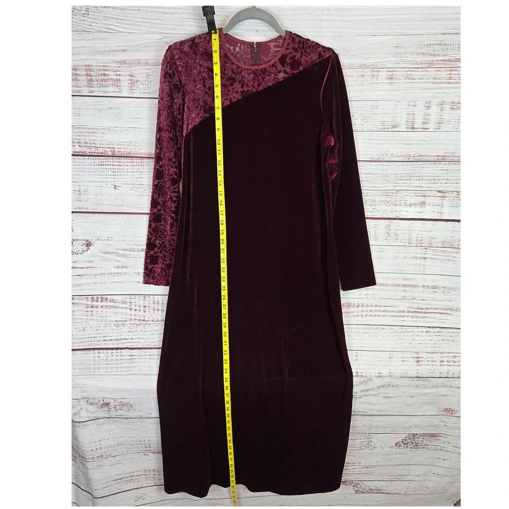 Coldwater Creek Vtg Velvet Lace Burgandy Midi Dress 10 Long Sleeve Romantic Vamp